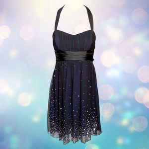 CITY TRIANGLES Black Metallic Chiffon over Blue Babydoll Cocktail Dress